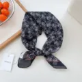 Cotton linen small square scarf black vintage floral print neckerchief hair band for women. - Black Wave