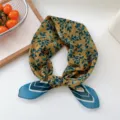 Floral small square silk scarf, mustard yellow with blue leaves and geometric border. - Style 27D Green Leaf