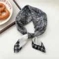 Black and white houndstooth small square scarf elegant neckerchief chic fashion accessory. - Leaf Pattern Bird Grid Black 16