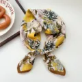 Yellow floral print small square scarf silk scarf fashion neckerchief for women spring and autumn - Bellflower Brown Edge 21