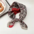 Retro floral print small square scarf for women, elegant silk neckerchief and stylish shawl. - Flower Porcelain Four Grid Orange Red 37