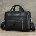 Borsa da lavoro da uomo in vera pelle, elegante cartella nera per laptop con tracolla. - Cartella Spazzolata Vintage (1116) / Versione Originale / Nero