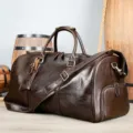 Vintage brown genuine leather duffel bag for men travel luggage weekender bag with strap - 55cm / Vegetable-Tanned Leather Coffee