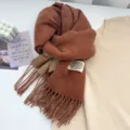Cozy winter imitation cashmere scarf for women, thick warm reversible tassel scarf solid color. - Brown Red