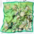 Green oil painting silk scarf, elegant floral design small square scarf for women neckerchief. - Elegant Camellia