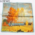 Silk square scarf for women featuring artistic oil painting autumn landscape design. - Birch Tree