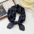 Black floral cotton linen small square scarf, breathable soft literary decorative neck scarf for women. - Fine Floral Leaf Frame Paisley Black