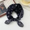 Black floral print cotton linen square scarf, vintage bandana for women summer daily wear. - Water Drop Paisley Frame Flower Black