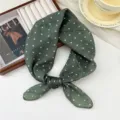 Dark green polka dot square scarf, breathable cotton linen material, stylish women accessory. - Scattered Dot Green