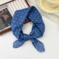Blue polka dot small square scarf for women, soft cotton linen hair band and stylish neckerchief. - Scattered Dot Blue
