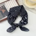 Black and white floral cotton linen square scarf, artistic breathable summer neckerchief variant. - Round Wheel Simple Line Leaf Black