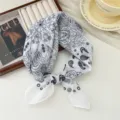 Cotton linen small square scarf, black and white floral pattern, stylish women's summer scarf. - Round Wheel Simple Line Leaf White