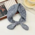 Grey paisley cotton linen small square scarf, soft vintage neckerchief for stylish women. - Porcelain Pattern Bright Flower Gray