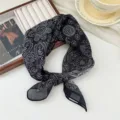 Black and white paisley pattern cotton linen small square scarf, vintage bandana. - Porcelain Pattern Bright Flower Black