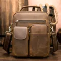 Bolso bandolera de cuero marrón retro para hombre, cartera mensajero vintage de piel. - Café