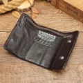 Genuine leather key case coin purse combination with 6 hooks, dark brown retro style. - Coffee