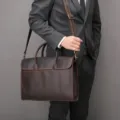 Classic dark brown leather men business briefcase vintage messenger bag shoulder bag - Coffee