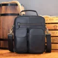 Bolso bandolera de cuero negro para hombre vintage mensajero con bolsillos diario - Negro