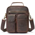 Bolso bandolera de cuero vintage para hombre, bolso cruzado informal de piel auténtica con bolsillos. - Café Oscuro