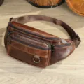 Vintage brown leather waist bag for men, multi-zipper outdoor chest bag and fanny pack. - 9044 Oil Coffee