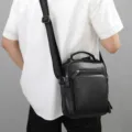 Men's Black Leather Crossbody Bag Casual Vintage Single Shoulder Bag Large Capacity - Black Litchi Pattern