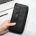 Cartera larga de cuero genuino negro para hombre gran capacidad bolso de mano multifuncional - Negro