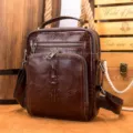 Brown leather shoulder bag vintage crocodile pattern messenger bag with multiple zippered pockets. - Coffee (Crocodile Pattern)