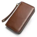 Portafoglio lungo da uomo in vera pelle marrone pochette con polsiera zip casual - Caffè