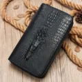 Portafoglio lungo da uomo in vera pelle nera con zip e design con stampa coccodrillo. - Motivo Coccodrillo Nero