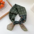 Women green printed small square scarf, vintage silk neckerchief for fashion styling and daily wear. - 15D Floral Grid Semicircle Green