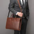Men leather briefcase vintage brown laptop bag large capacity business shoulder messenger bag - Brown