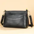 Black leather shoulder bag, minimalist casual crossbody bag with gold hardware and zipper. - Black