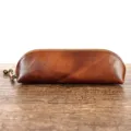 Astuccio per penne in vera pelle marrone, custodia occhiali vintage con cerniera per scuola. - Marrone