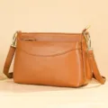 Brown leather women's shoulder crossbody bag, casual commuter handbag with zipper and strap. - Brown