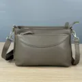 Grey leather shoulder bag for women, multi zipper crossbody bag, casual commuter handbag. - Khaki