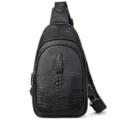 Borsa a Tracolla da Petto in Pelle Nera con Motivo Coccodrillo per Uomo Sling Bag - 7662 marrone motivo coccodrillo
