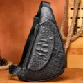 Mens black genuine leather sling bag chest crossbody bag with crocodile embossed texture. - 698 Black