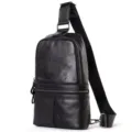Black genuine leather sling bag for men, stylish casual chest crossbody bag with strap. - 7601 Black