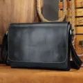 Black genuine leather men messenger bag casual crossbody bag with durable shoulder strap. - Style 1136 / Black