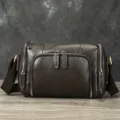 Heren lederen schoudertas donkerbruin vintage messenger tas casual stijl met meerdere ritsen - Koffie natuurlijk gekrompen leder