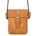 Men's vintage crazy horse leather mini crossbody bag with metal buckle and black strap. - Model 1323 / Brown