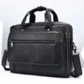 Sacoche d'ordinateur d'affaires pour hommes en cuir veritable noir avec poignees. - Style 5084 / Noir
