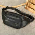 Black genuine leather men waist bag multi-pocket crossbody chest bag with adjustable strap. - Vegetable-Tanned Leather Black
