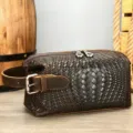 Pochette Homme Cuir Tressé Marron Foncé Trousse De Toilette Mode Modèle Tendance - Café Gaufré