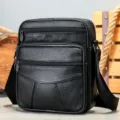 Men's genuine leather vertical messenger bag, multi-pocket design, stylish business crossbody. - 6106 Black