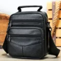 Men's Black Leather Vertical Crossbody Bag Casual Business Shoulder Bag SKU variant - 6107 Black