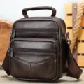 Men's leather crossbody bag dark brown vertical shoulder bag multi-pocket casual daypack - 6107 Coffee