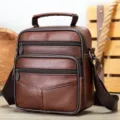 Men's genuine leather vertical messenger bag, top layer cowhide single shoulder casual bag. - 6107 Brown