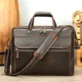 Dark brown genuine crazy horse leather men briefcase, stylish vintage shoulder business bag. - 5017 Style / Dark Coffee