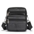 Men's vertical genuine leather crossbody bag, multiple zipper pockets and adjustable strap. - 3205 Black